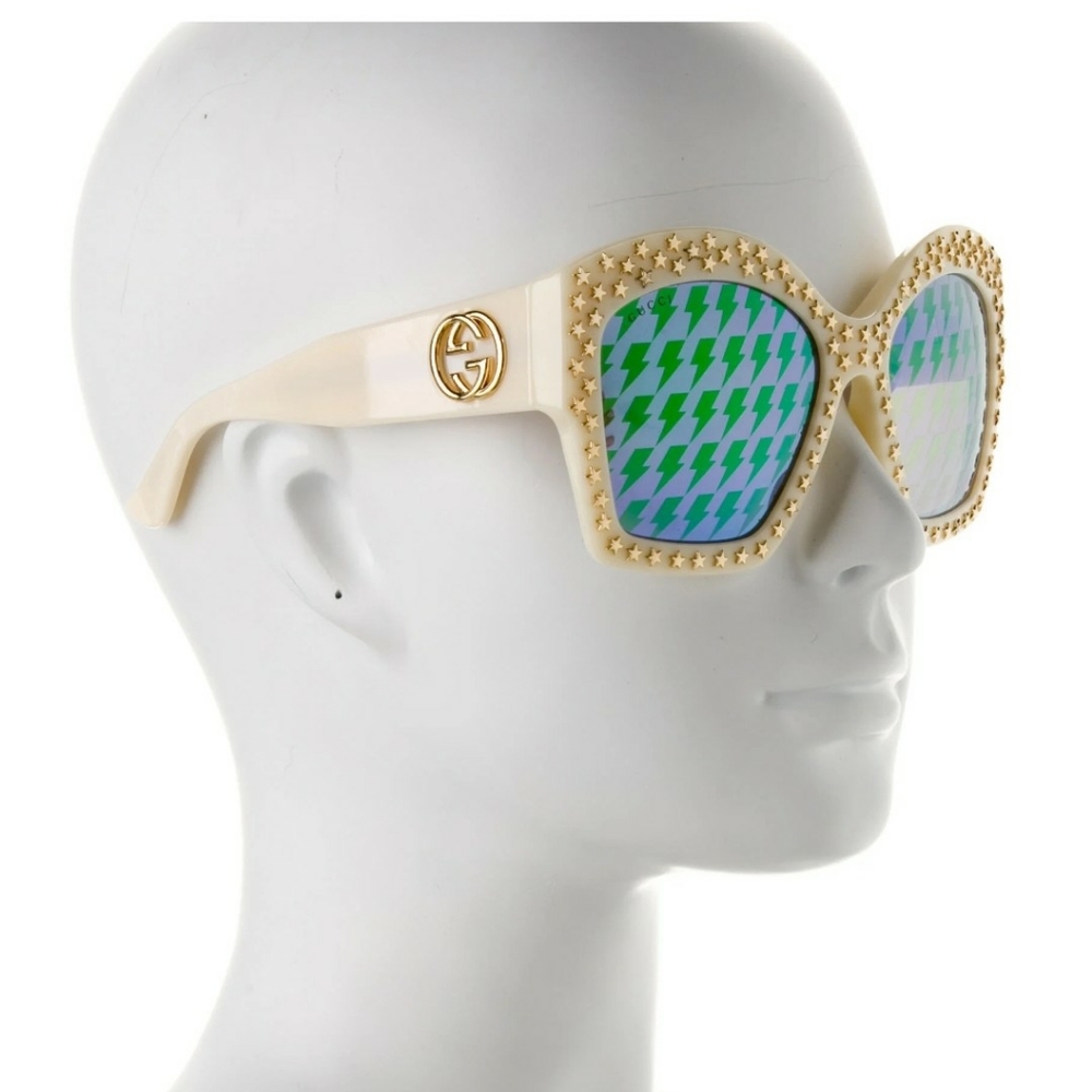 Gucci Star Studded Square Frame Sunglasses with patterned lenses Ivory